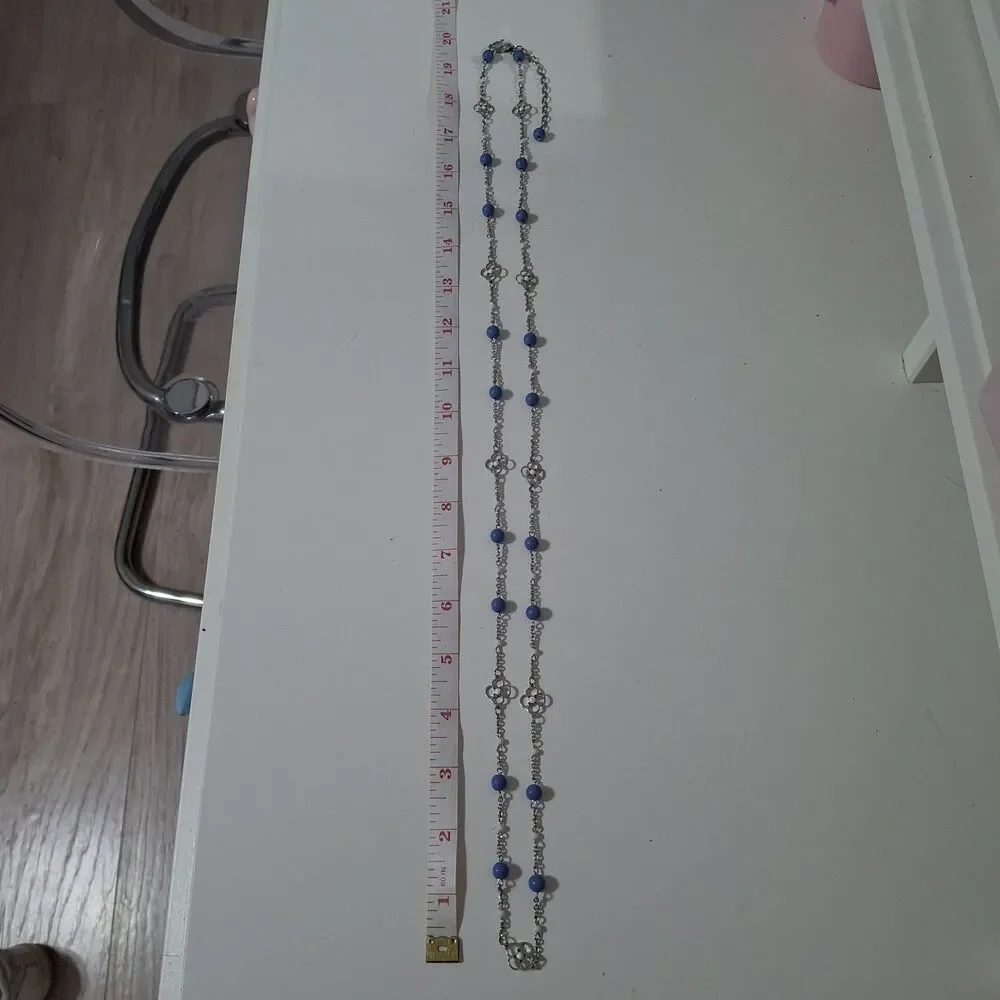 Blue Beaded White Rhinestone Flower Silver Tone Chain Long Strand Necklace